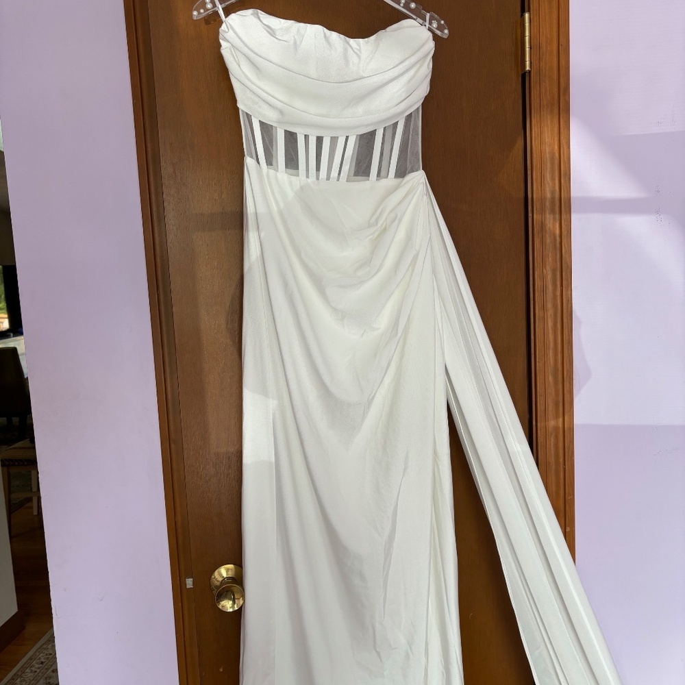 Strapless Sheer Bustier Dress with Draping and Side Tail Bachelorette Wedding